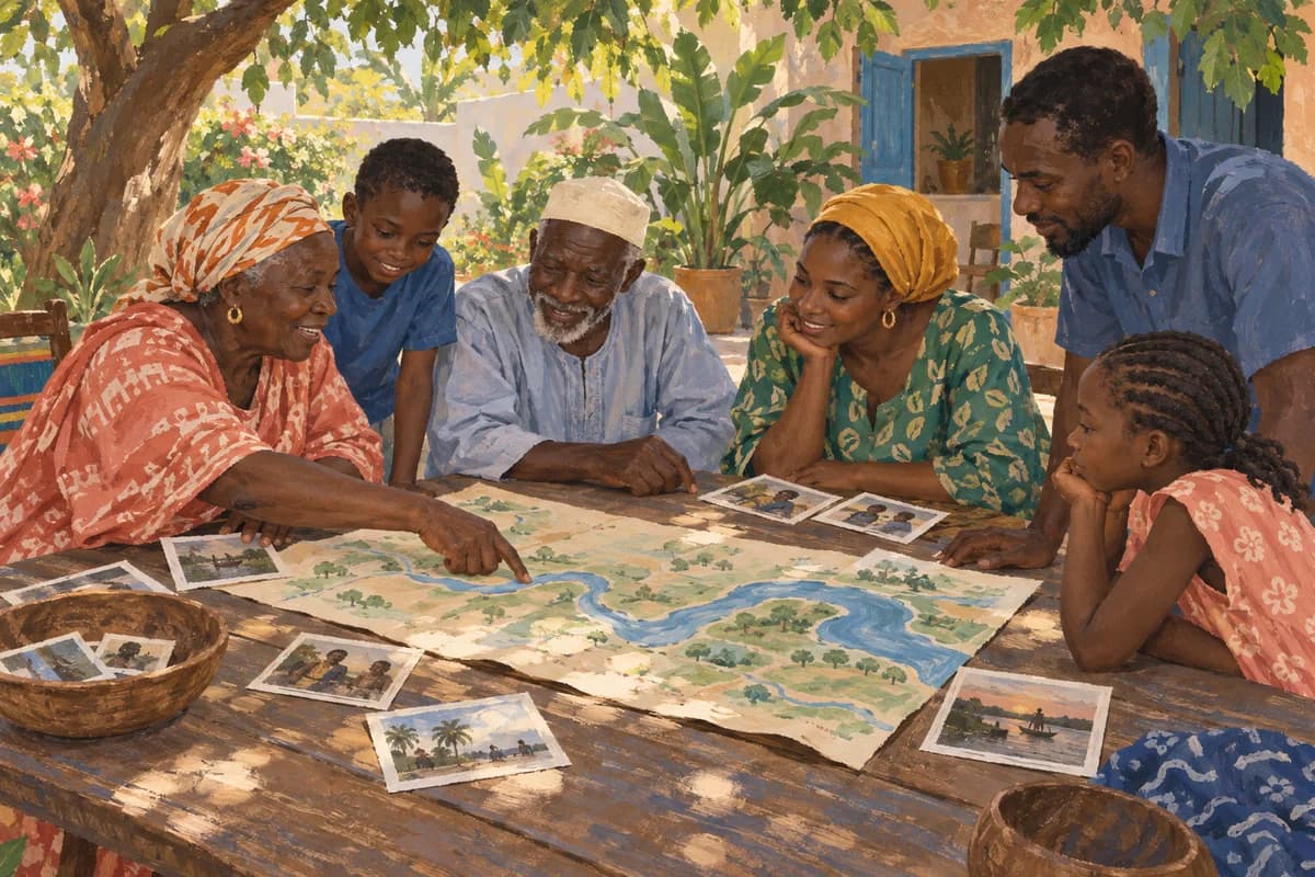 Painted community members sharing memories around an imagined river map