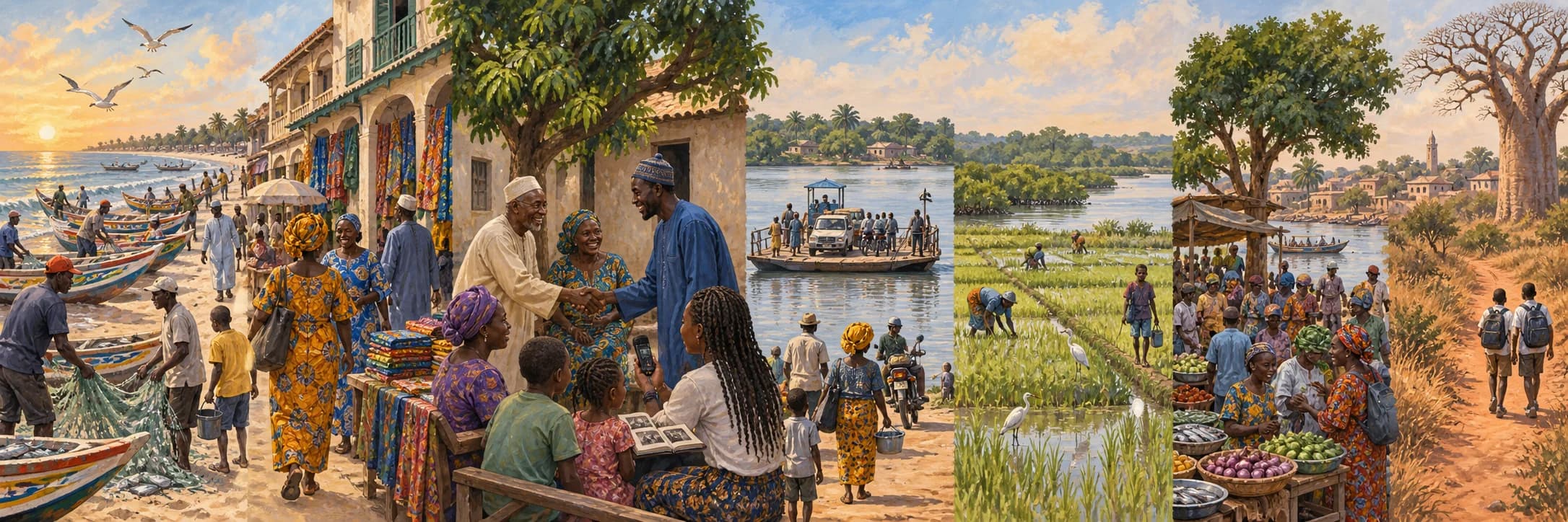 Interpretive painting of Gambian community life