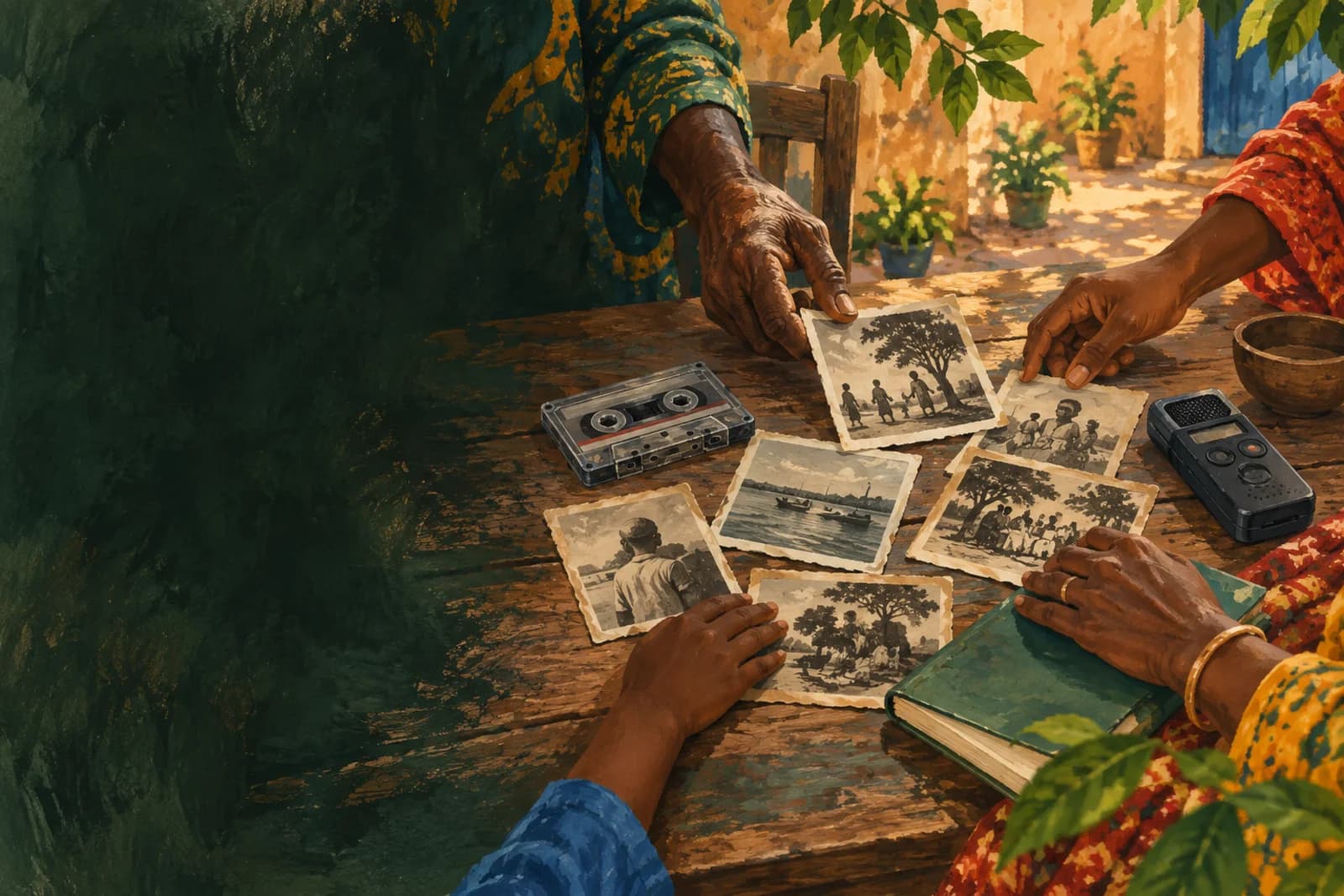Painted illustration of hands sharing photographs and an audio recording around a table