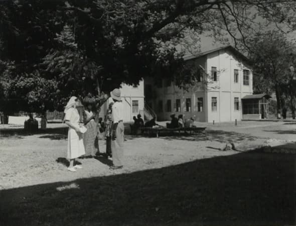 Staff and visitors outside Bansang Hospital