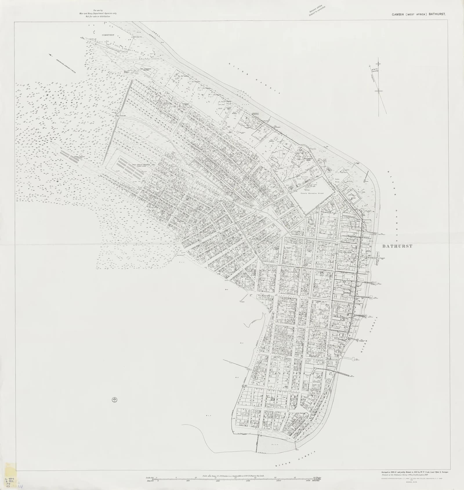 Black-and-white historical plan showing Bathurst's dense street grid and shoreline on St Mary's Island.