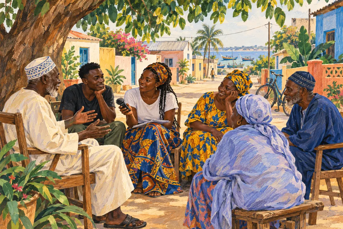 Painted neighbours of different generations sharing stories beneath a shade tree