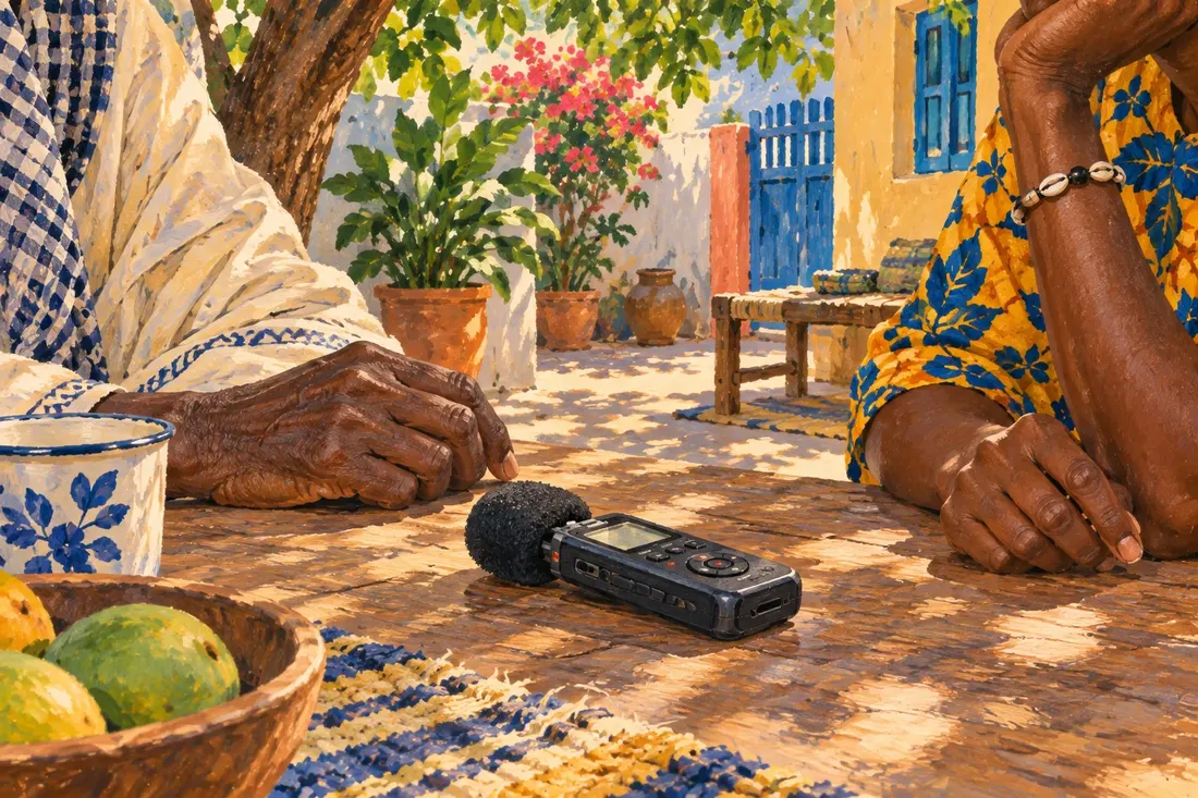 Painted older and younger hands beside a portable recorder in a courtyard