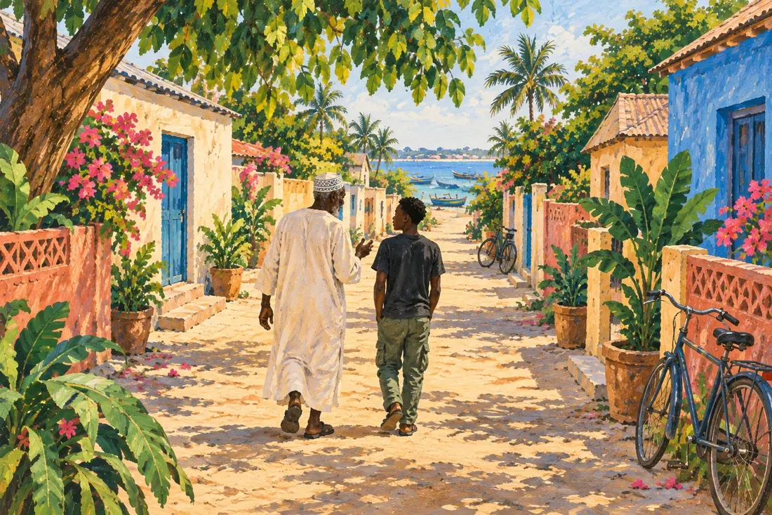 Painted interpretation of two neighbours walking along an imagined coastal lane