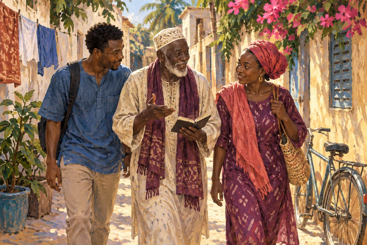 Painted elder and younger neighbours walking together with a notebook