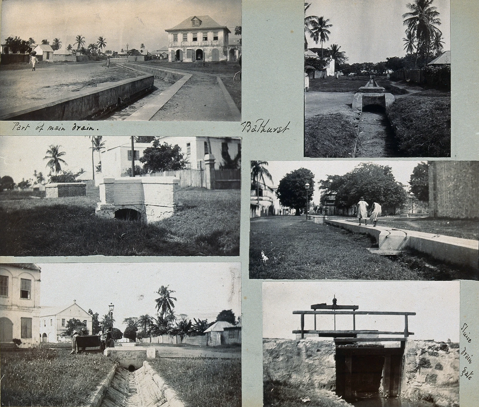 Mounted sheet of six black-and-white photographs showing open street drains and drainage structures in Bathurst.