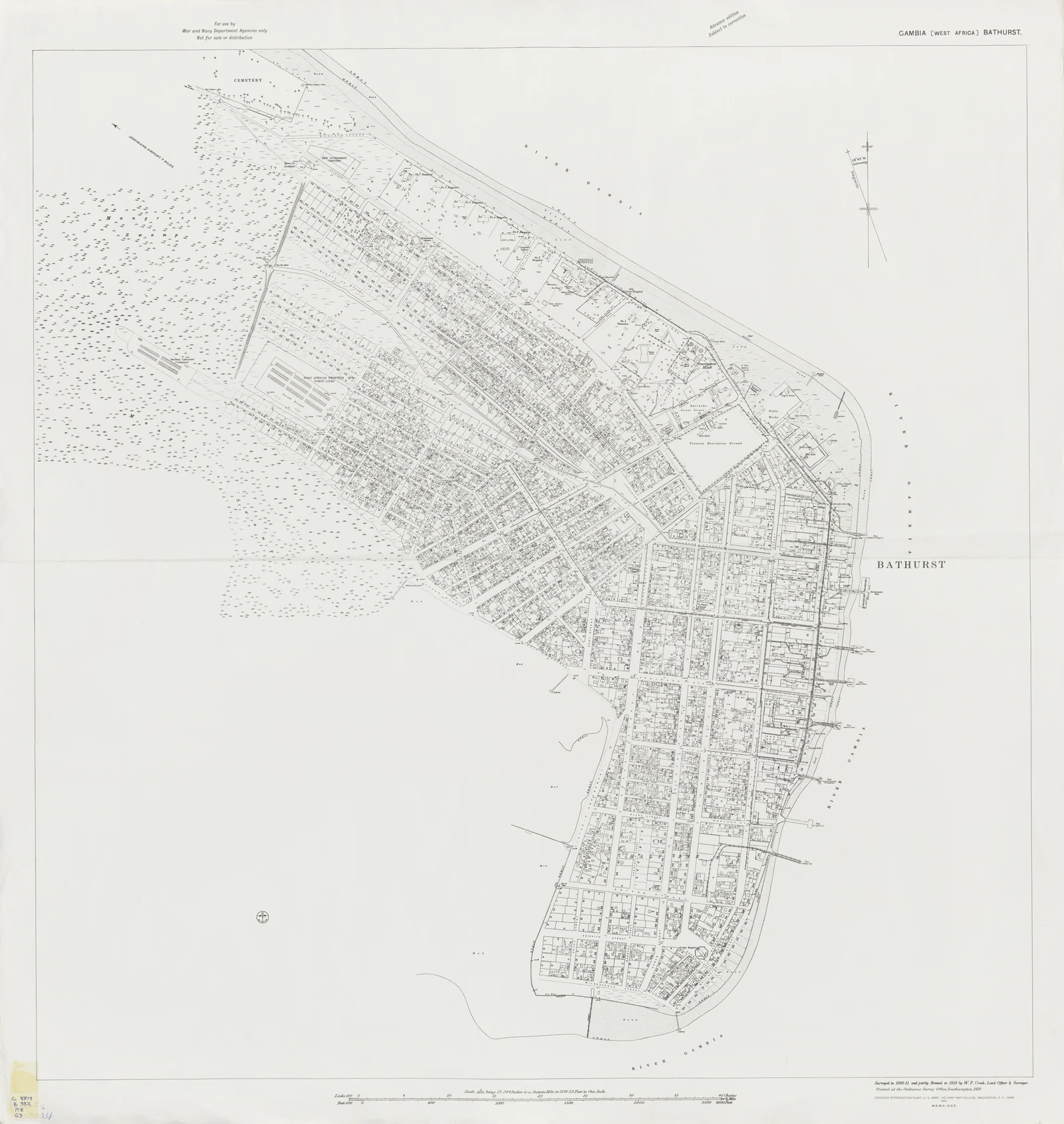 Black-and-white historical plan showing Bathurst's dense street grid and shoreline on St Mary's Island.