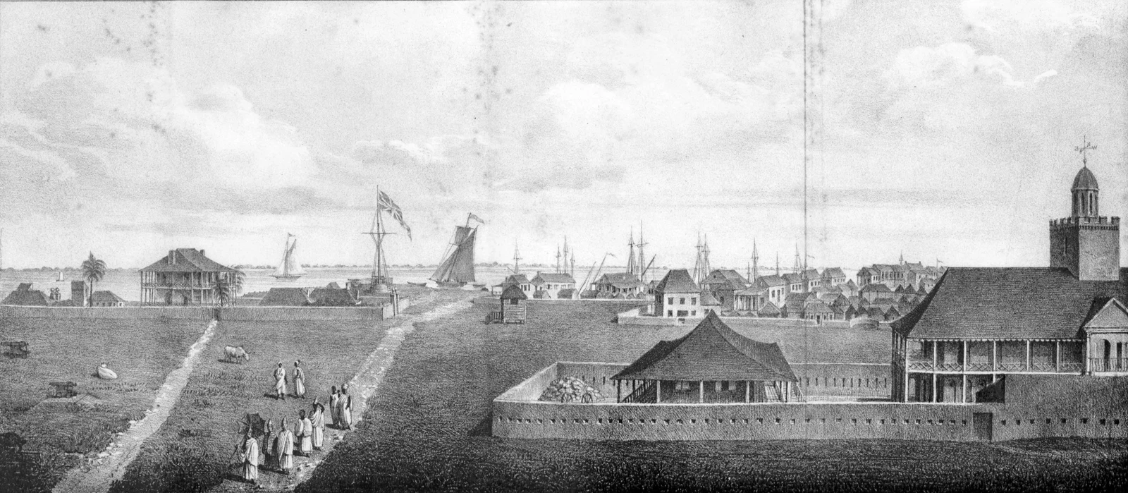 Wide engraved view of early Bathurst with low buildings, paths, people, boats, and a tower near the waterfront.