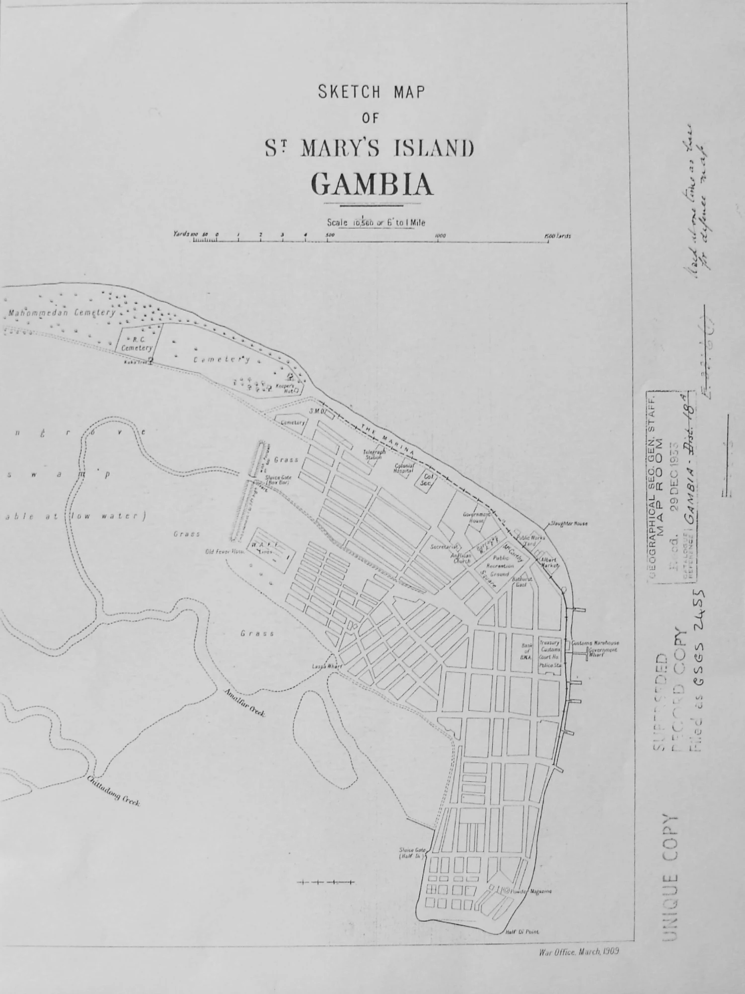Vertical black-and-white 1909 sketch map of St Mary's Island with Bathurst's street grid at the island's eastern end.